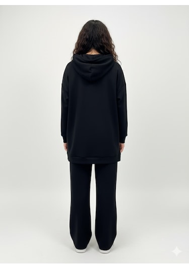 Soft&Basic Kapüşonlu Yanları Çıt Çıt Detaylı Sweatshirt Ve Nervürlü Pantolon Alt Üst Takım Siyah