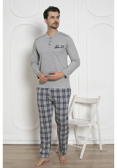 Erkek Ekose Desen Likralı Pamuk Uzun Kol Kışlık İnterlok Göğüs Cepli Pijama Takımı Gri