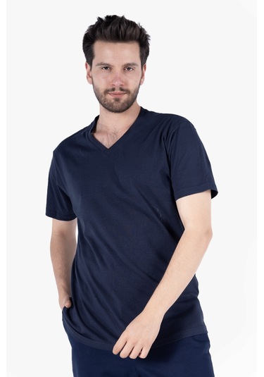T-shirt V Yaka %100 Pamuk Lacivert
