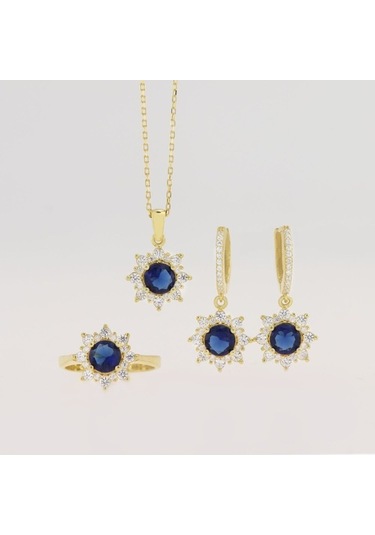 925 Ayar Gümüş Yuvarlak Safir Taşlı Gold Anturaj Gümüş Set