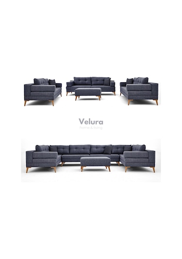 Zeri 3+3+3 Yataklı Puzzle Modüler U Köşe Koltuk Takımı & Puflu Köşe Takımı - Koyu Mavi 118 Koyu Mavi