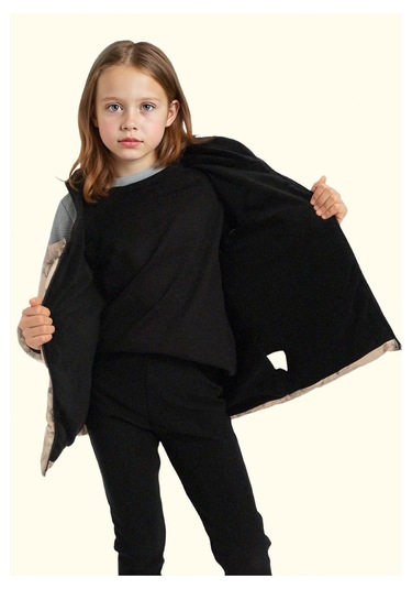 Kız Çocuk Pusula Desen Polar Su Ve Rüzgar Geçirmez Kapüşonlu Şişme Kışlık Mont Bej