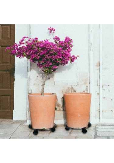 Sones Demir Bitki Saksı Standı Evrensel Tekerlek Hareketli Yuvarlak Saksı Rafı, Çap: 30cm Siyah