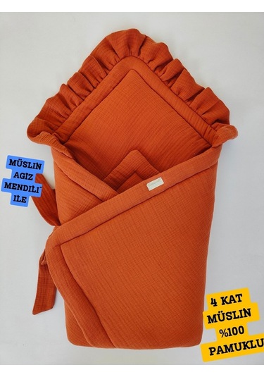 Ekru 4 Kat Müslin Bebek Battaniyesi %100 Pamuklu Doğal Organik Uyku Kundağı Hastane Çıkışı Yenidoğan Kiremit