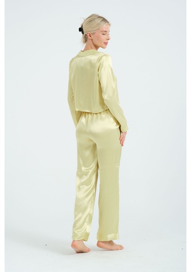Laperissa Kadın Yeşil Crop Saten Pijama Takımı Gömlek Yaka, Düğmeli, Şık Ev Giyim Yeşil
