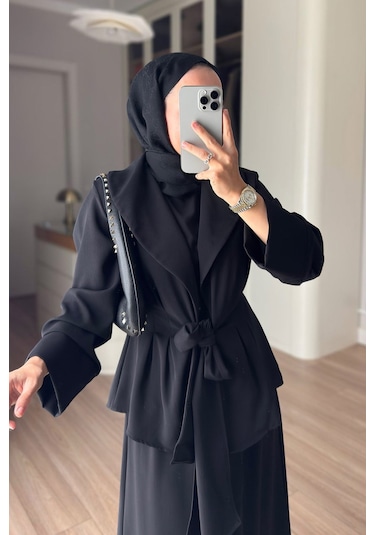 Ka Hijab Kuşak Detaylı Vatkalı Üçlü Takım - Siyah