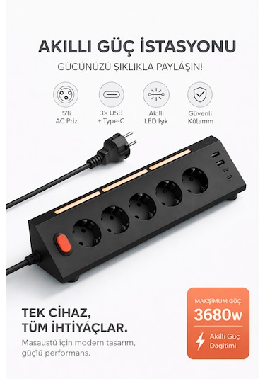 Akıllı Priz Termal Korumalı 5 Li Priz 3680w Led Işıklı Çoklu Çoklu Akım Prizi Usb Usb-c 0.2 M