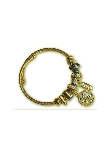 Uzel Çelik Sarı Gold Model Love Yazılı, Incili, Hayat Ağacı Charmlı Çelik Bileklik