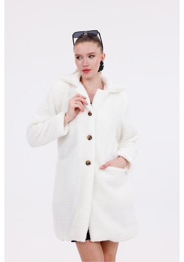 Düğmeli Cepli Kadın Peluş Kaban Beyaz