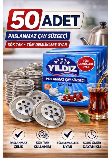 50 Adet Paslanmaz Çelik Çaydanlık Demlik Süzgeci Sök Tak Çay Süzgeci Tüm Demliklere Uyumlu Çaydanlık Filtresi Siyah