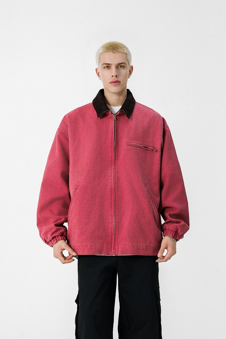 Snapbuy Yıkanmış Denim Ceket, Amerikan Retro Stili, Kontrast Yakalı, Bol Kesim Pembe