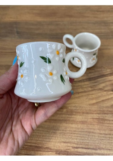 3'lü Papatya Desenli El Yapımı Seramik Kupa, Mug, Türk Kahvesi