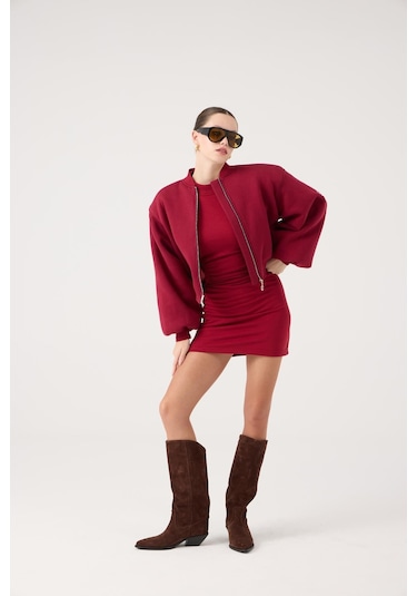 Holly Lolly Crop Kesim Vatkalı Parker Bomber Ceket Bordo