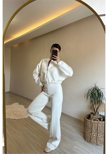 Neşeli Butik Kadın Fermuarlı Oversize Sweat Ve Yüksek Bel Eşofman Takımı Nm018 Ekru