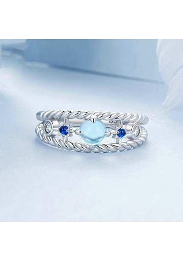 S925 Sterling Silver Platinum Plated Starry Hollow Ring, Size: No.6 Çok Renkli