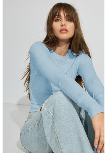 Madmext Mavi Bisiklet Yaka Slim Fit Kadın Body Mg2564 Mavi
