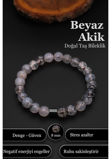 Beyaz Akik Bileklik Kadın Erkek Doğal Taş Bileklik Bt051 Beyaz - Siyah