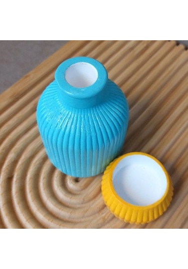 Uretti - Pınar 2572 1733 El Yapımı Vazo Ve Tealight Mumluk 2'li Dekoratif Set Mavi - Sarı