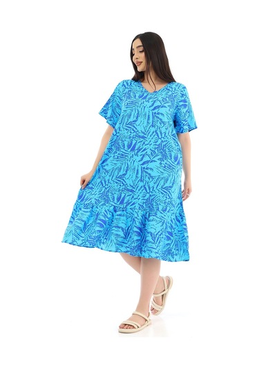 Schık Kadın Viskon Yarım Kol V Yaka Cepli Fırfırlı Elbise Siyah Mavi