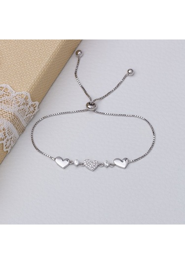 3'lü Kalp Model 925 Ayar Gümüş Kadın Asansörlü Bileklik Gümüş