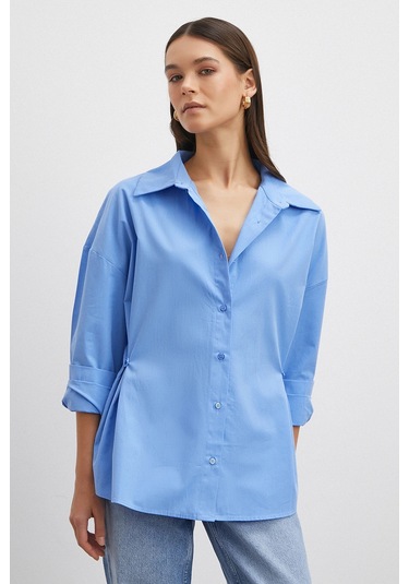 Düğme Detaylı Pamuklu Gömlek Mavi Mavi