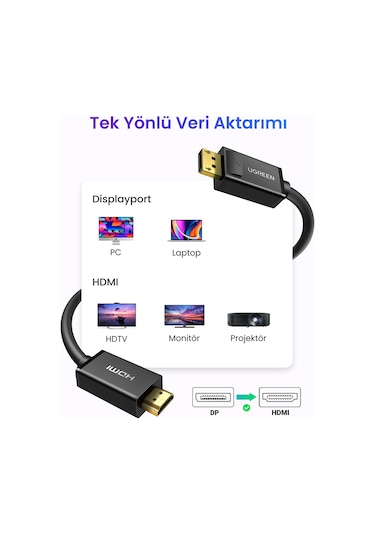 Ugreen 4k Displayport To Hdmı Dönüştürücü Kablo 1 Metre, Siyah, 10238