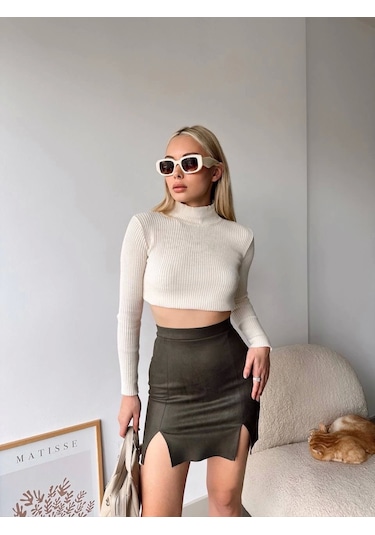 Çift Yurtmaçlı Süet Etek Haki S241002 Haki