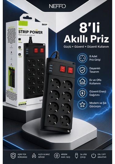 3 Usb Akım Ve Çocuk Korumalı 8li Priz 2mt 0 - 2 M