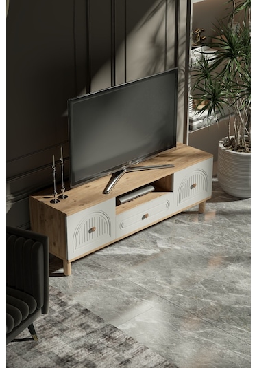 Bohem Tv Ünitesi 150 Cm Çizgili Kapak Kısa Kahverengi