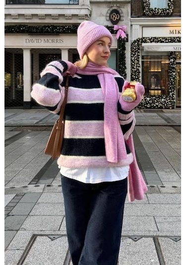 Madmext Lacivert/pembe Bisiklet Yaka Oversize Triko Kazak Mg1972 Lacivert/pembe