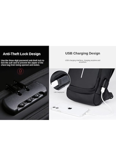 Arion USB Şarj Portlu ve Kilitli Omuz ve Göğüs Çantası Gri - Kahve