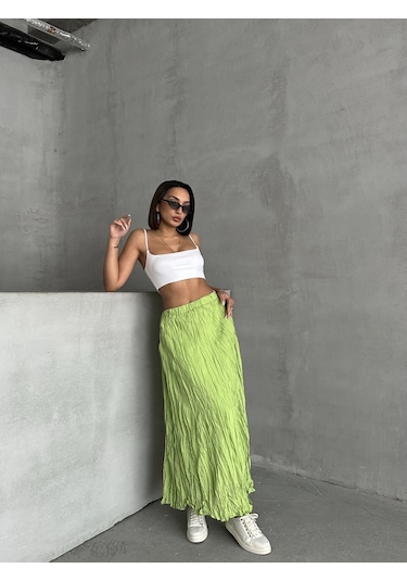 Kadın Buruşuk Modal Dokulu Soft Uzun Etek Açık Yeşil Kadın Buruşuk Modal Dokulu Soft Uzun Etek Açık Yeşil