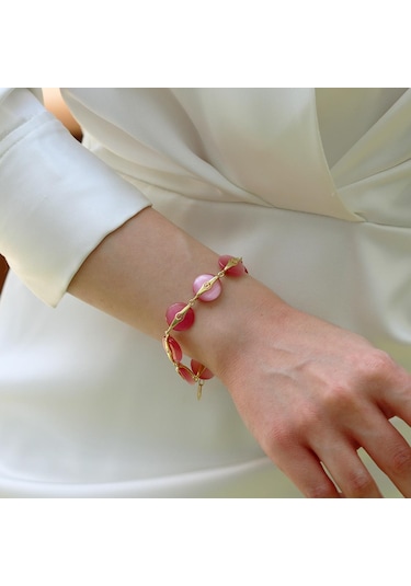 Pembe Kuvars Taşlı Gold Gümüş Bileklik Gümüş