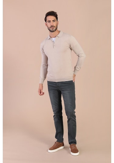 Erkek Ferraro Polo Yaka Superfine Yün Kazak - Taş Taş