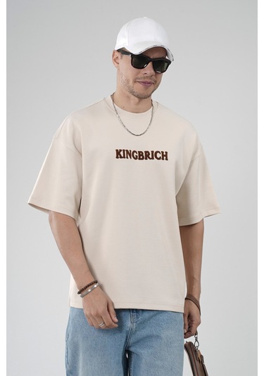 King-Brich Oversize Kalıp Kingbrich Baskılı Tişört Bej