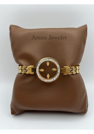 Arnes Jewelry Çelik Çeyrek Altın Takılabilen Kelepçe Bileklik Ar03 Gold