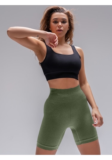 Mistirik Dublin Model Yüksek Bel Fitilli Seamless Biker Şort Haki Renk027 Haki