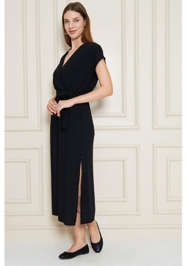 Kadın Kruvaze Yaka Cepli Derin Yırtmaçlı Beli Lastikli Aerobin Günlük Yazlık Elbise 3764341 Siyah