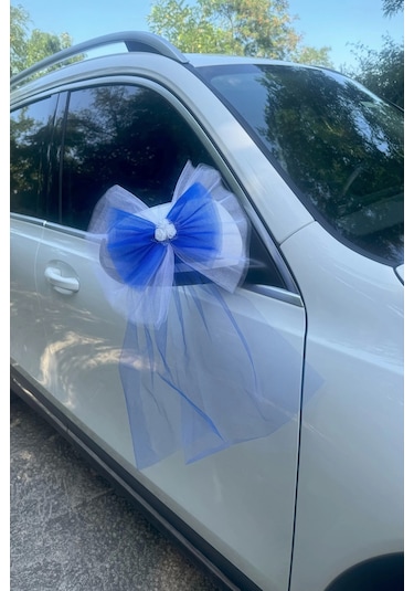 10 Adet Beyaz Mavi Kristal Tül Beyaz Latex Gül Kuyruk Detaylı Düğün Nikah Kına Sünnet Konvoy Süsü Beyaz Mavi