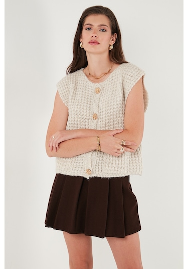 Lela Premium Oversize Fit Bisiklet Yaka Düğmeli Örgü Bayan Yelek 680Yl1416 Taş