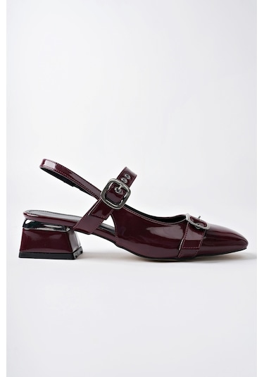 Muggo Yuqi Arkası Açık Küt Burun Çift Kemerli Kadın Günlük Klasik Kısa Topuklu Ayakkabı Bordo Rugan