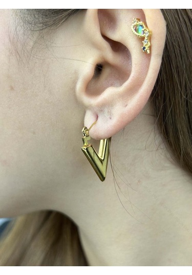 V Şekil, Paslanmaz Çelik Küpe 542, Altın Renk Altın