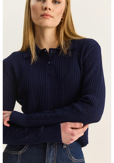 Shade Kadın Polo Yaka Patlı Regular Fit Triko Kazak 20258063 - Lacivert