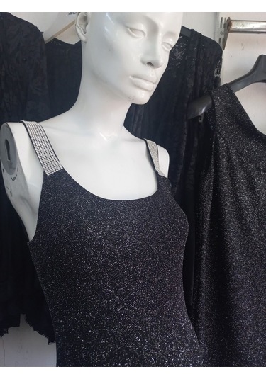 Siyah Uzeri Gümüş Simli Plastik Tasli Bodycon Elbise Siyah