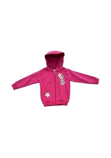 Kız Çocuk Pamuklu Önden Fermuarlı Kapüşonlu İşlemeli Eşofman Takımı-15114 Fuşya