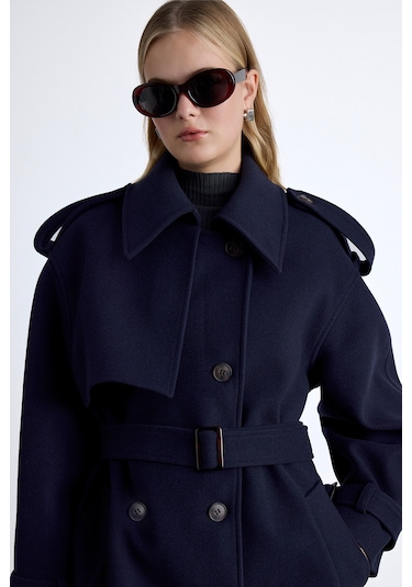 Apolet Detaylı Kaşe Kaban Lacivert