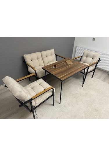 Modern Mars Balkon, Bahçe, Cafe - Metal Kanepe Koltuk Takımı - 2+1+1 + Masa Krem Modernsh34 Krem