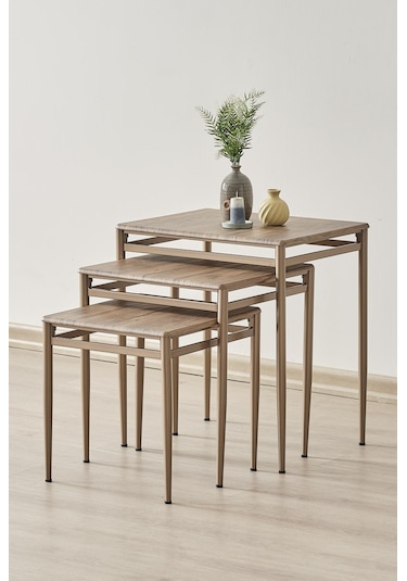 Damrin Serisi Traverten Desen 1. Sınıf Mebran Mdf 3 Lü Zigon Sehpa Takımı Ceviz Desen - Bronz Ayak