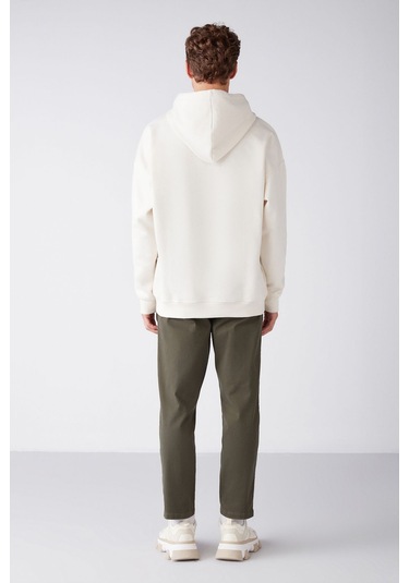GRIMELANGE Steve Erkek Yumusaçık Kumaşlı Kordonlu Oversize Kapüşonlu Kanguru Cepli Ekru Sweatshirt Ekru