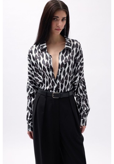 Desenli Crop Gömlek Siyah